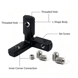 Angled view of 4040 L-Shape Corner Connector for aluminum profile frames