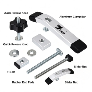 Angled view of T-Track Hold-Down Clamp for CNC and router table use