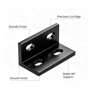 	Side view of Universal L-Bracket showing right-angle design and smooth black finish